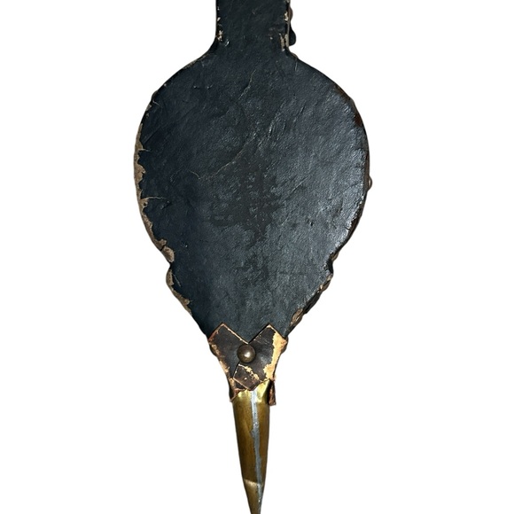 Antique Fireplace Dutch Bellows Copper Hammered Medieval Scene Wood/Leather - Picture 4 of 6